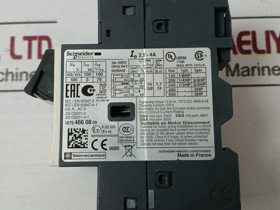 Schneider Electric Gv2Me08 Motor Circuit Breaker 75C 50/60 Hz 2.5-4A