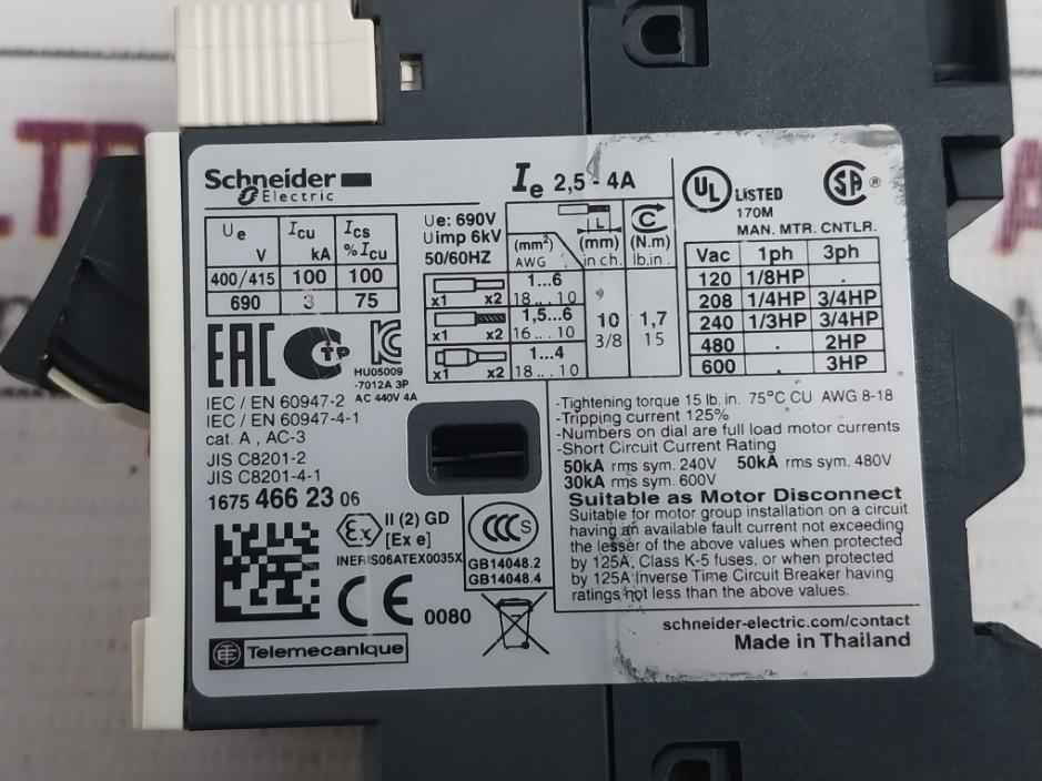 Schneider Electric Gv2Me08 Motor Starter Ac 440V 4A Iec/En 60947-2