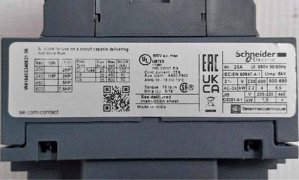 Power Contactor 240V Ac 50/60 Hz Schneider Electric Lc1D09U7