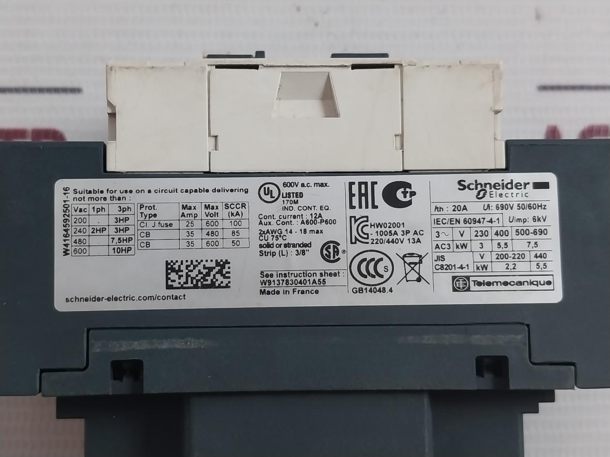 Schneider Electric Lc1D123 Tesys D Contactor 20A 50/60Hz