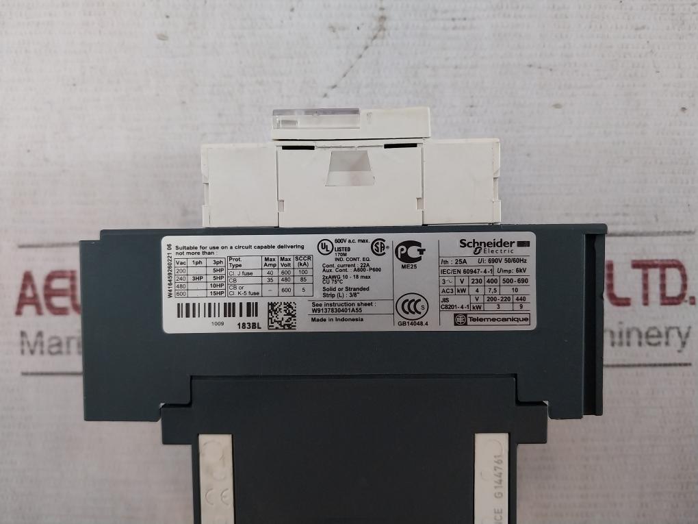 Schneider Electric Lc1D183Bl Contactor 50/60Hz W9137830401A55 Jis C8201-4-1