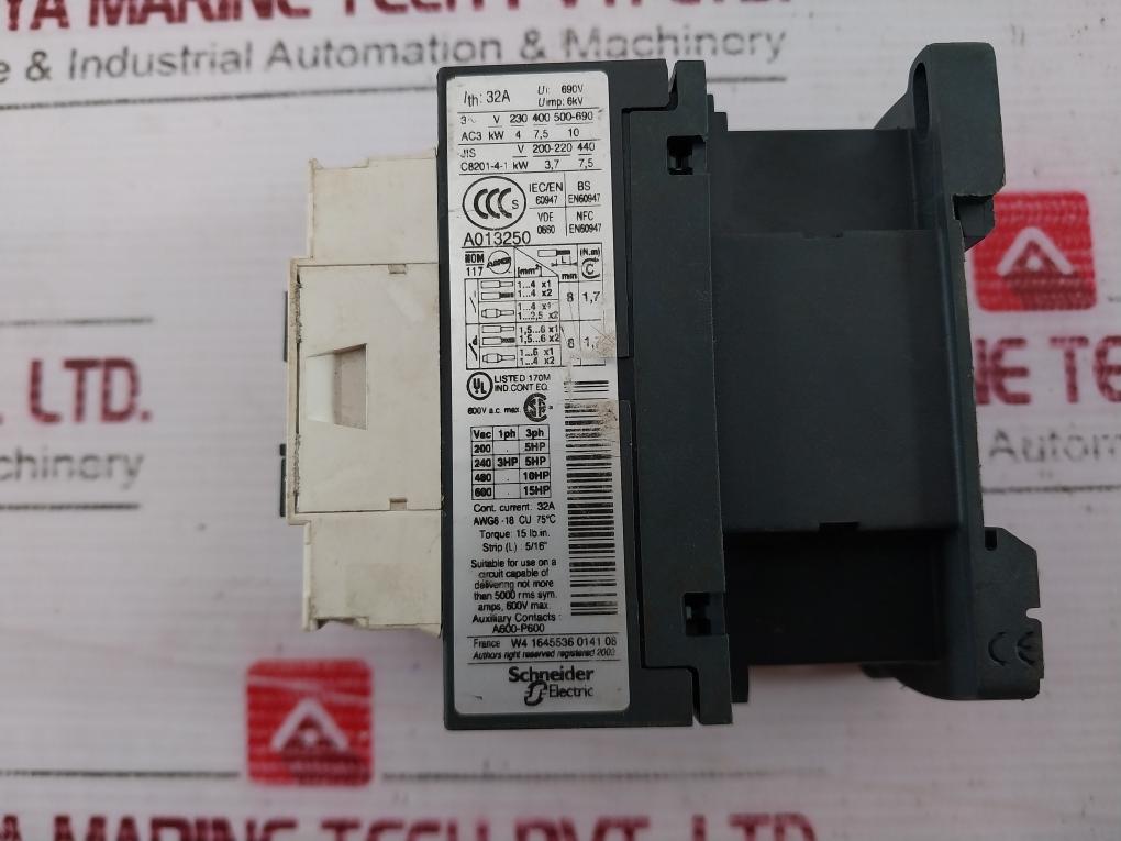 Schneider Electric Lc1D18 Contactor 50/60Hz 600V Awg 8-18 Iec/En 60947 A600-p600