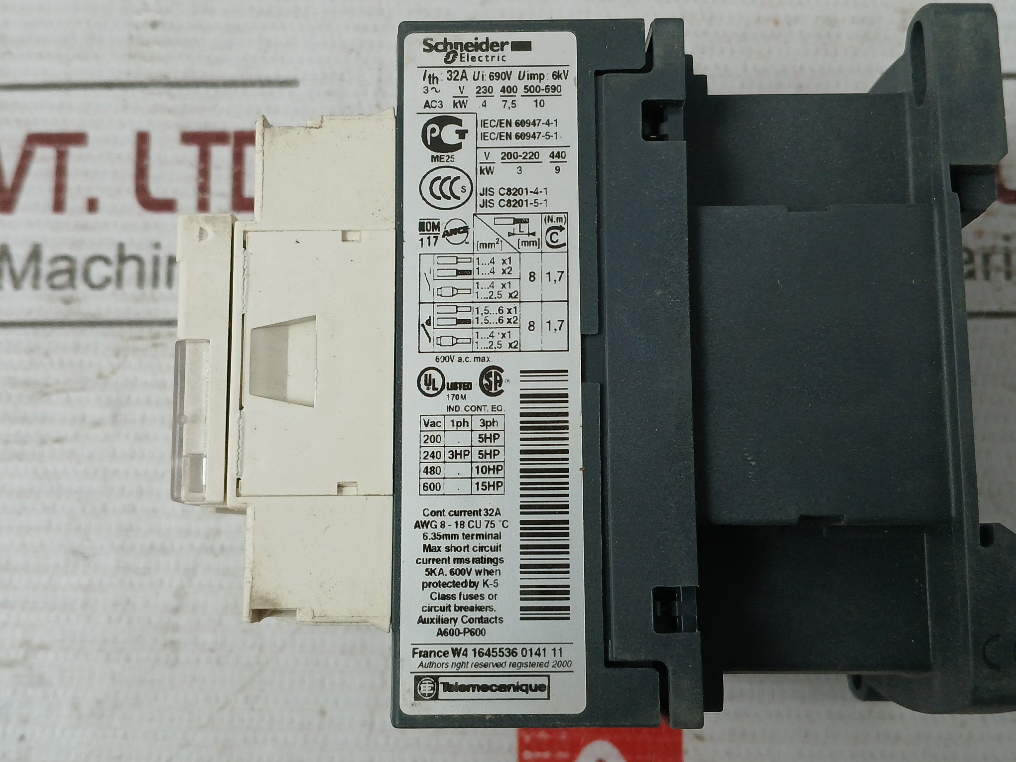 Schneider Electric/Telemecanique Lc1D18M7 Contactor 220V 50/60Hz A600-p600