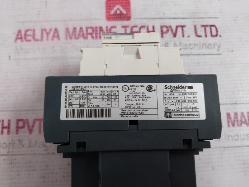 Schneider Electric Lc1D25 Contactor Iec/En 60947-4-1 40A 690V 50/60Hz 600Vac