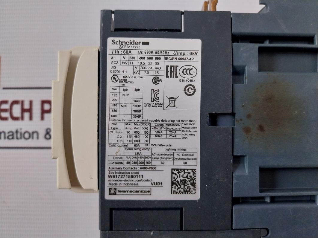 Schneider Electric Lc1D40A 3-pole Contactor 220V Ac 50/60 Hz 600Vac