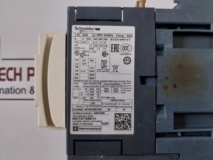 Schneider Electric Lc1D40A 3-pole Contactor 220V Ac 50/60 Hz 600Vac