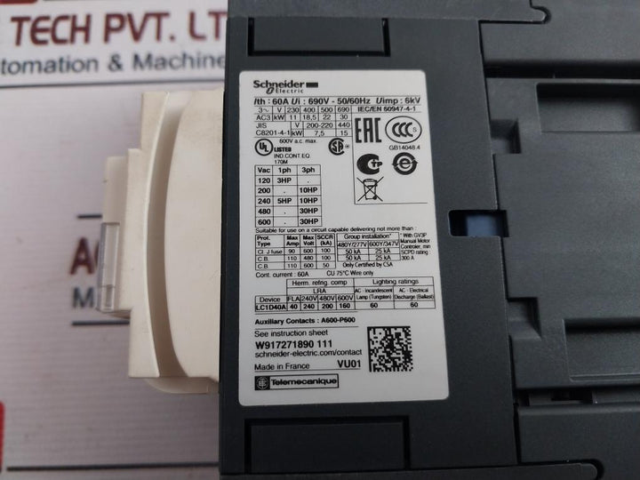 Schneider Electric Lc1D40Ar7 3 Pole Contactor 440V 50/60Hz