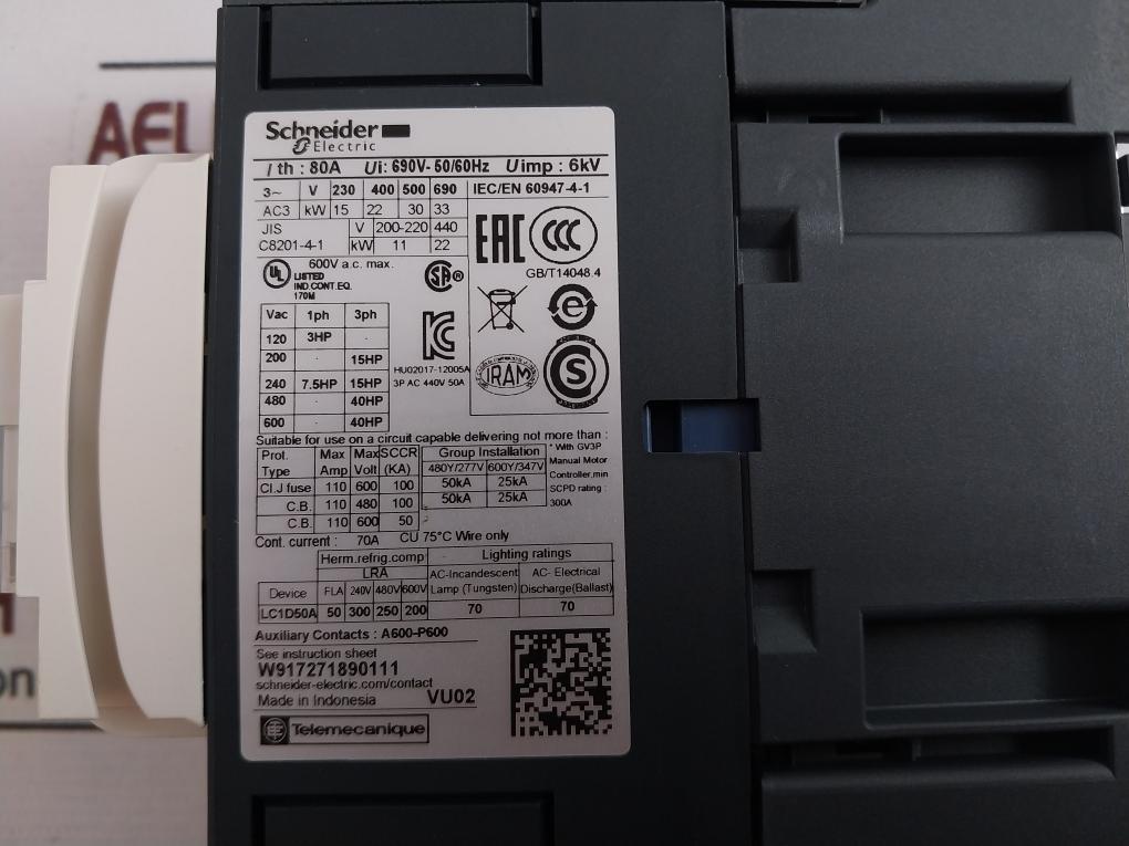 Schneider Electric Lc1D50Am7 3 Pole Contactor 440V-50A-220V Ac Coil