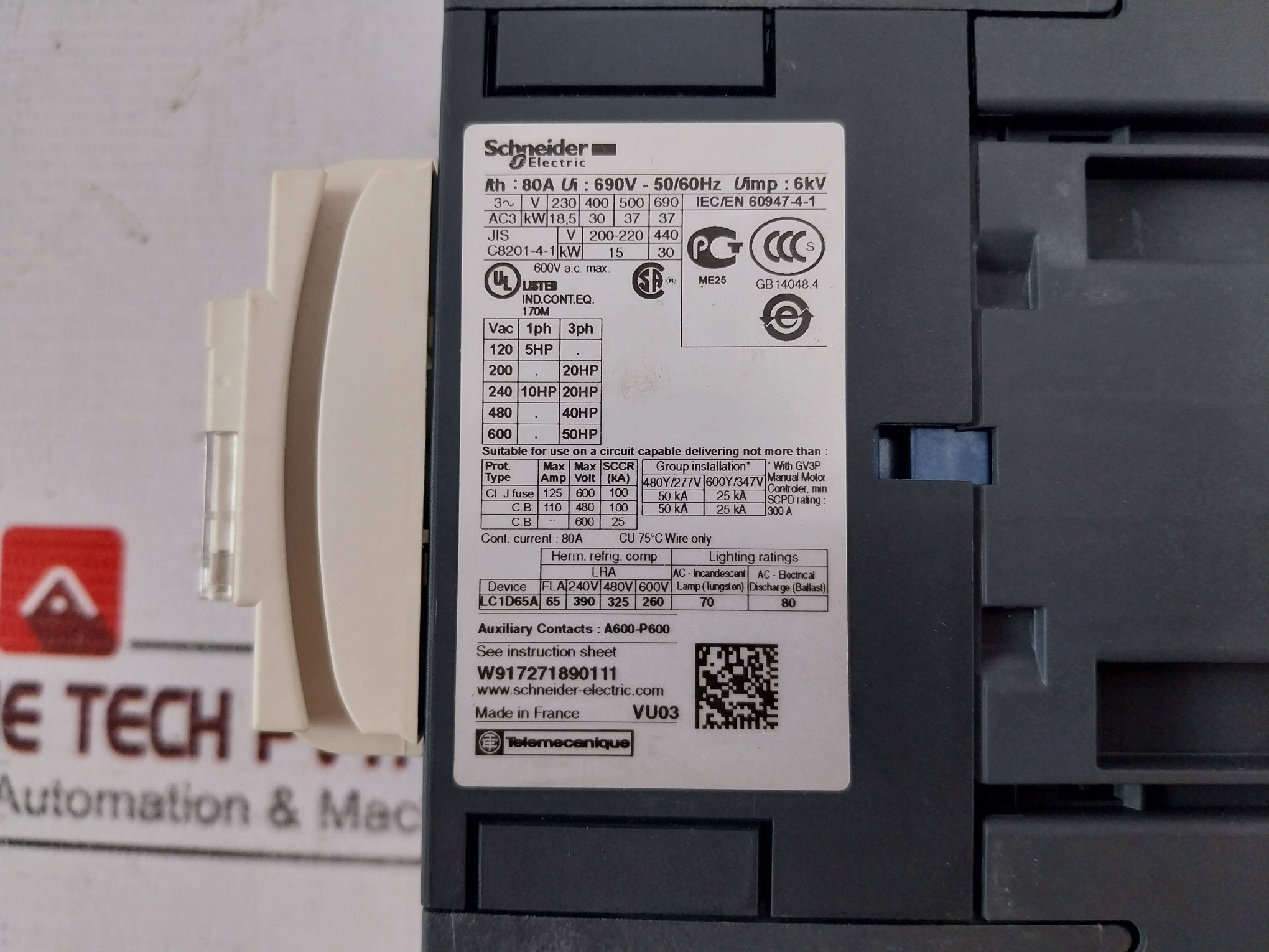 Schneider Electric Lc1D65Ar7 3 Pole Contactor 690V- 50/60Hz 80A