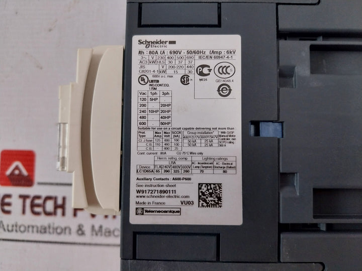 Schneider Electric Lc1D65Ar7 3 Pole Contactor 690V- 50/60Hz 80A