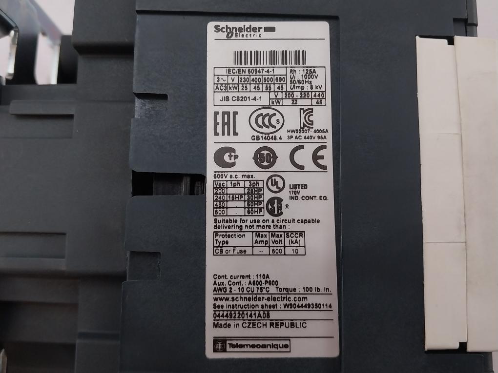 Schneider Electric Lc1D95P7 Contactor 440V 60Hz