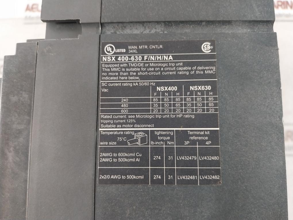 Schneider Electric Nsx 400N Micrologic 2-3 Circuit Breaker 50/60Hz