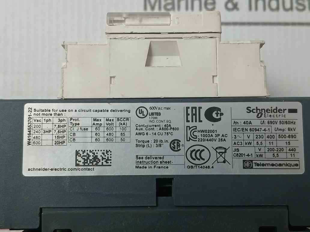 Schneider Electric/Telemecanique Lc1D25 3 Pole Ac Power Contactor 220/440V 25A
