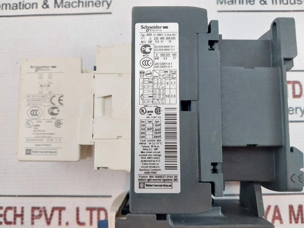 Schneider Lc1D25 Contactor ,Lrd 22 Relay With Ladn11 Contact Block