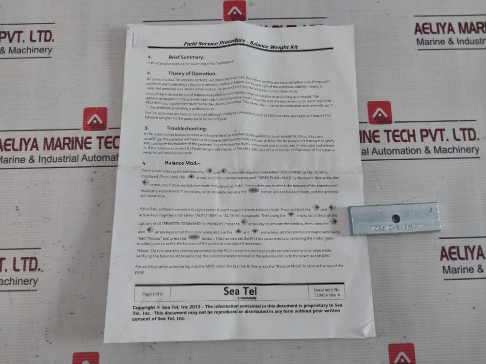 Sea Tel 114580-029 Balance Weight Replace Kit Rev.D Hex1/4-20 Hd1/4-20 X 2