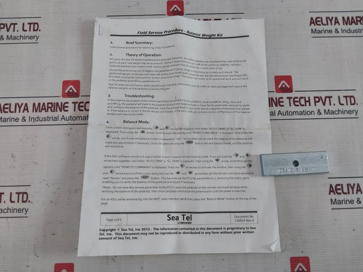 Sea Tel 114580-029 Balance Weight Replace Kit Rev.D Hex1/4-20 Hd1/4-20 X 2