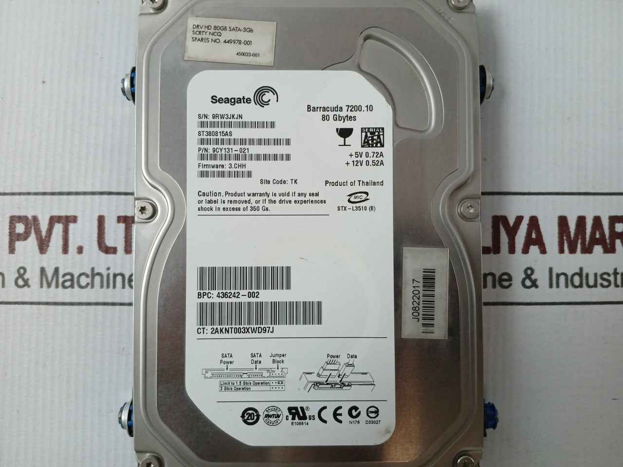 Seagate 9Cy131-021 Hard Disk Drive 80 Gbytes St380815As 12V 0.52A J0822017 94V