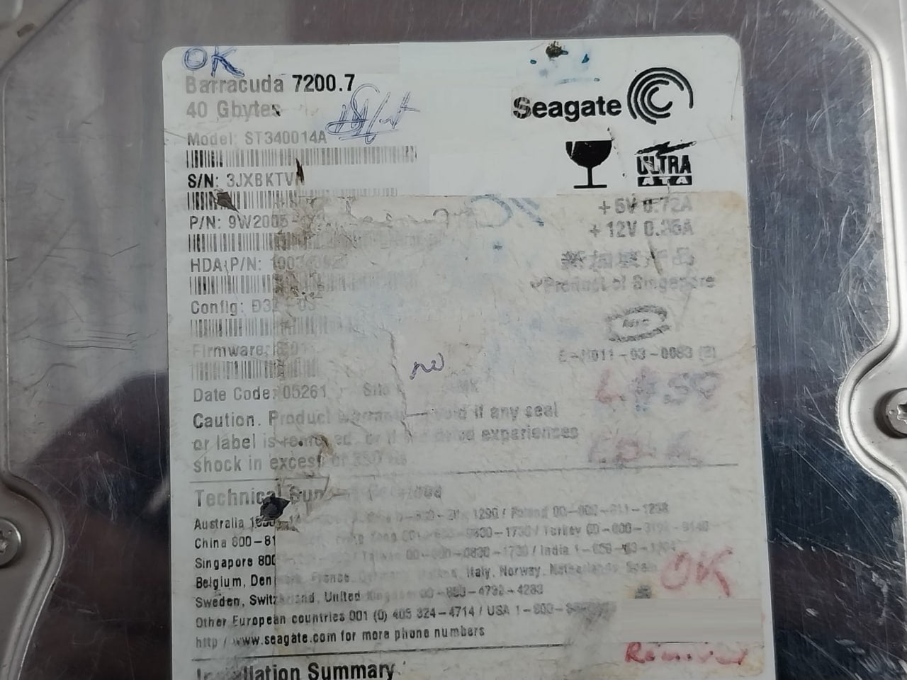 Seagate St340014A Internal Hard Disk Drive 9W2005 40 Gbytes Rev:C