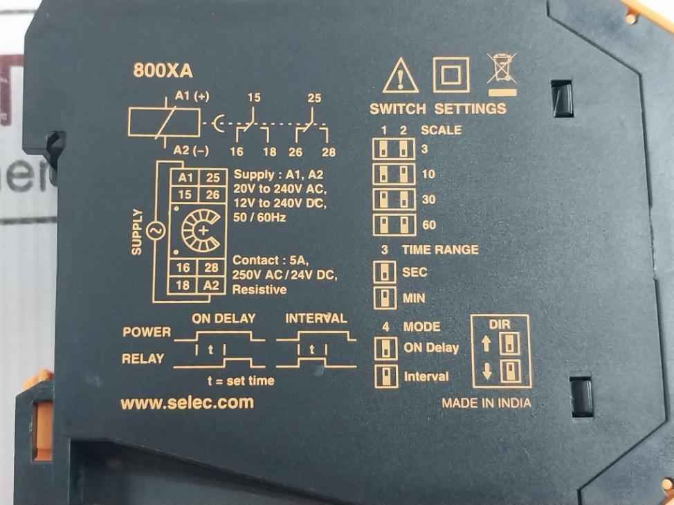 Selec 800xa Analog Timer-22.5mm Din Rail 50/60hz 5a 250v Ac 24v Dc