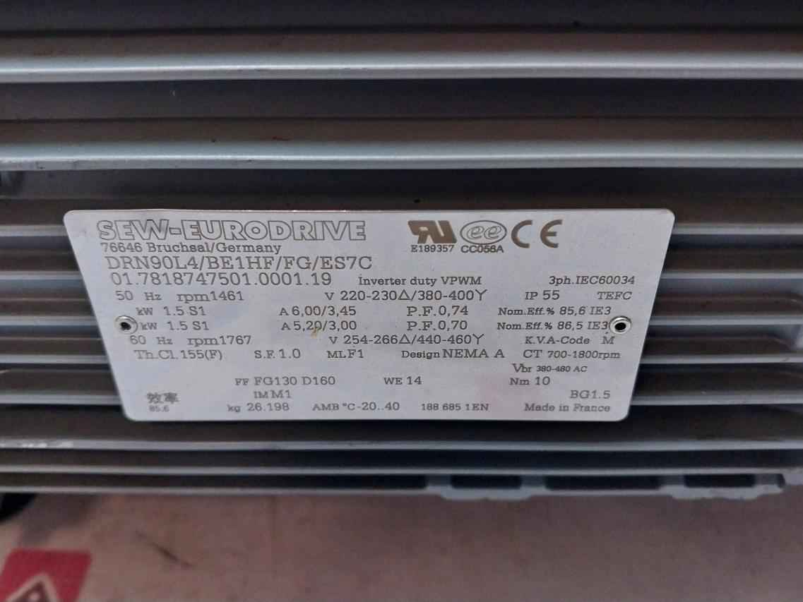 Sew-eurodrive Drn90L4/Be1Hf/Fg/Es7C Geared Motor Ct 700-1800Rpm 1.5Kw