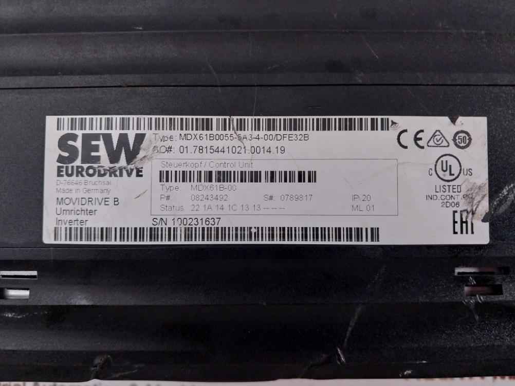 Sew Eurodrive Mdx61B0055-5A3-4-00 Movidrive Inverter 08249571 Ip20 Ac 3X380-500V