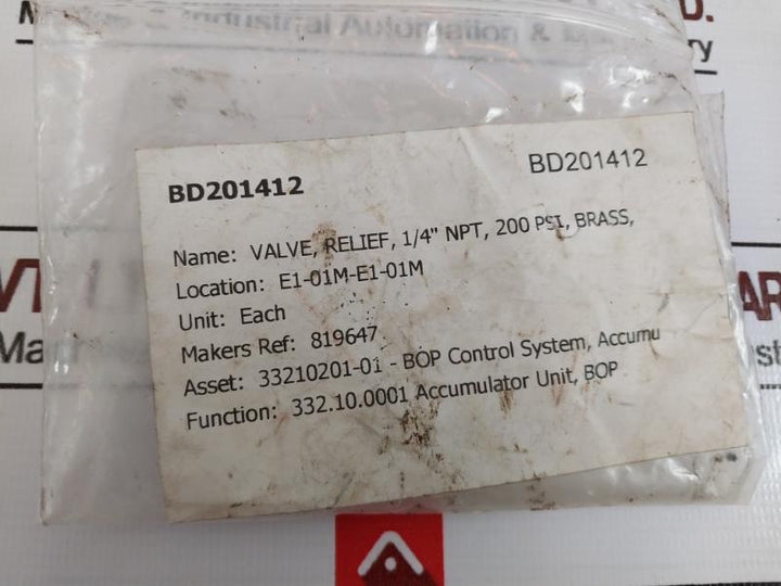 Shimmer St25 1/4 Npt Relief Valve 32.10.0001 Accumulator Unit 819647