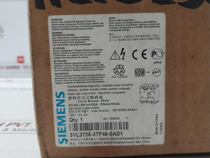 Siemens-Mounting-Screw-Kit-Circuit-Breaker-4-Pole-50-60hz-3vl3725-3tf46-0ad1-17