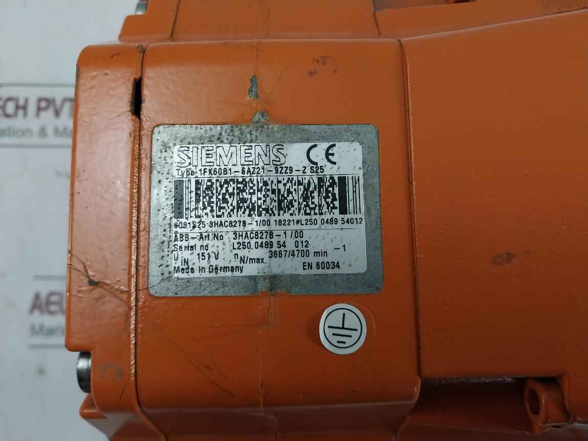 Siemens 1Fk6081-6Az21-9Zz9-z S25 Servo Motor 3Hac8278-1/00 151V, 3667/4700 Min-1
