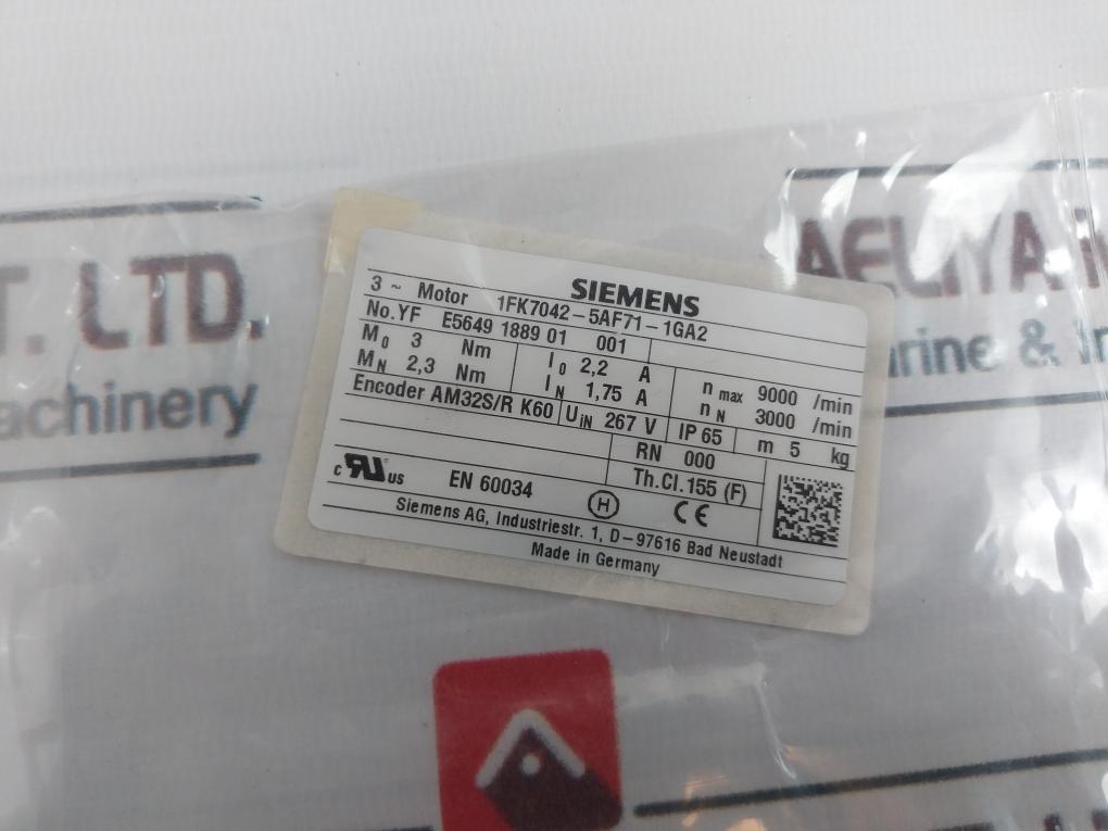 Siemens 1Fk7042-5Af71-1Ga2 Synchronous Servomotor