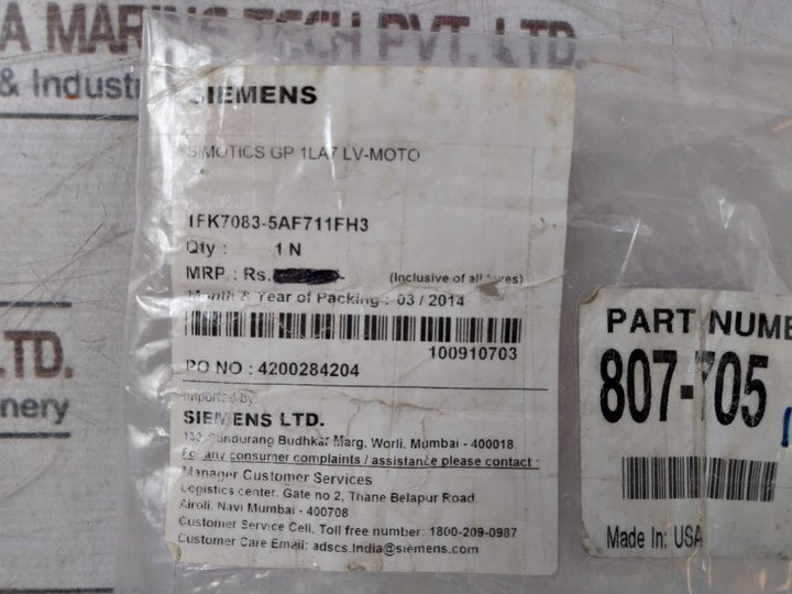 Siemens 1Fk7083-5Af71-1Fh3 Synchronous Servo Motor 6000Rpm Ip64