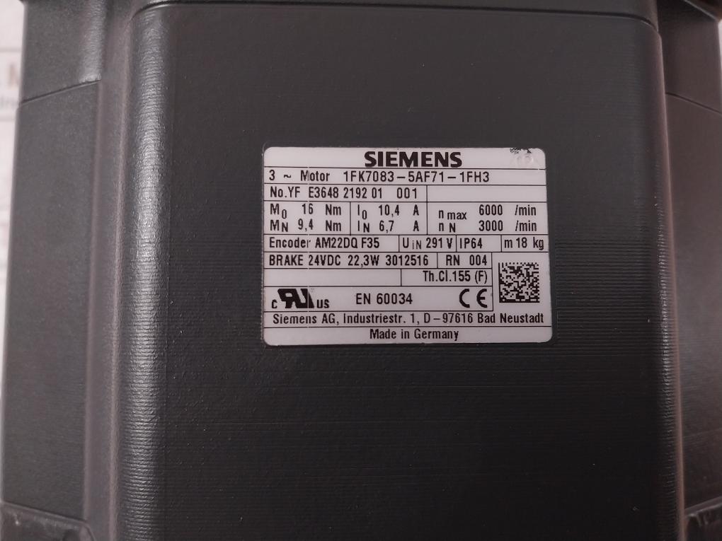 Siemens 1Fk7083-5Af71-1Fh3 Synchronous Servo Motor 6000Rpm Ip64