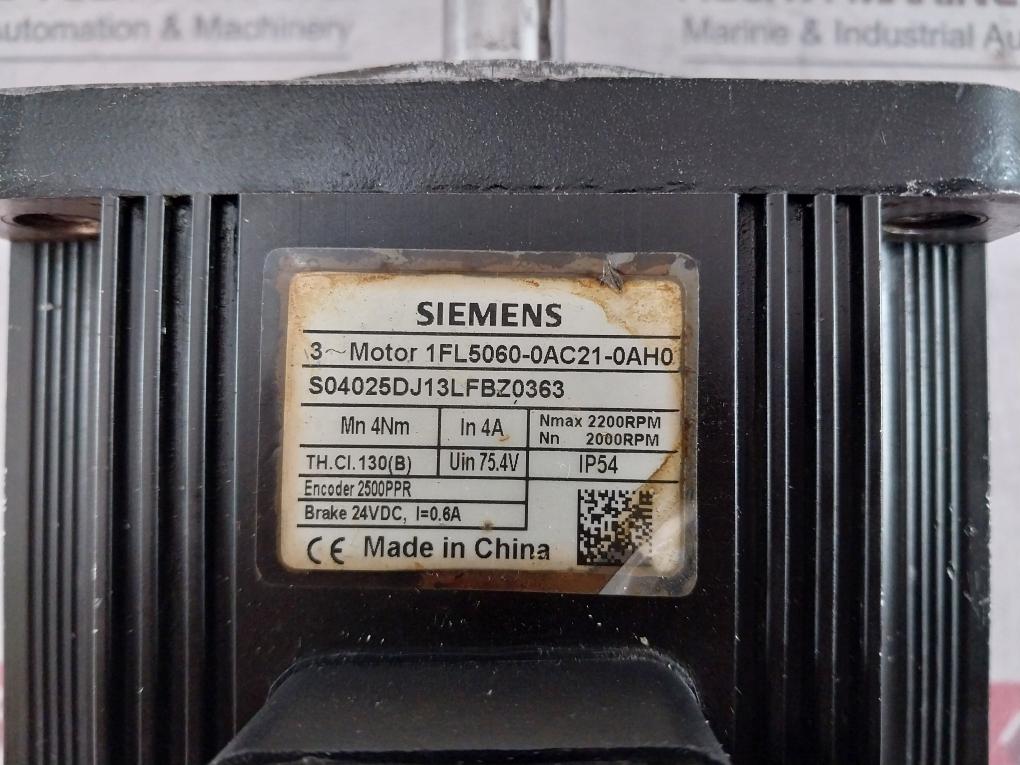 Siemens 1Fl5060-0Ac21-0Ah0 3-phase Synchronous Servo Motor 75.4V Ip54