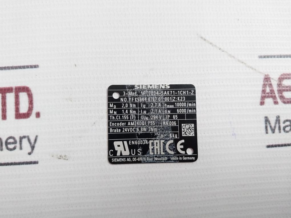 Siemens 1Ft7034-5Ak71-1Ch1-z Servo Motor 24Vdc 6,8W