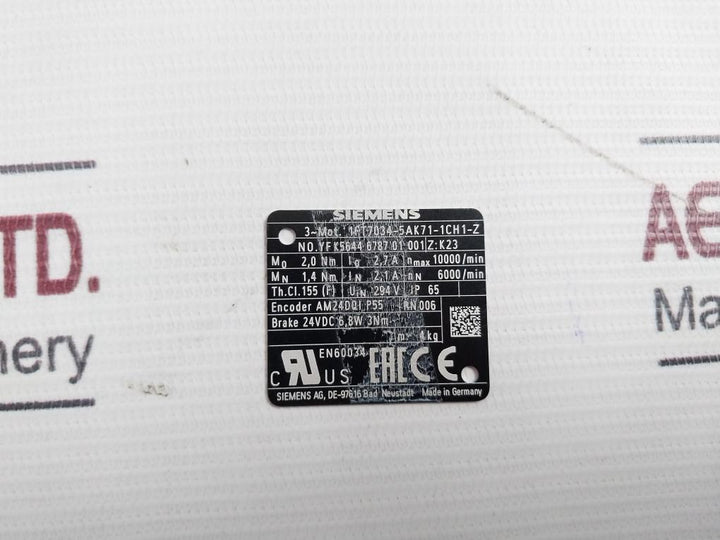 Siemens 1Ft7034-5Ak71-1Ch1-z Servo Motor 24Vdc 6,8W