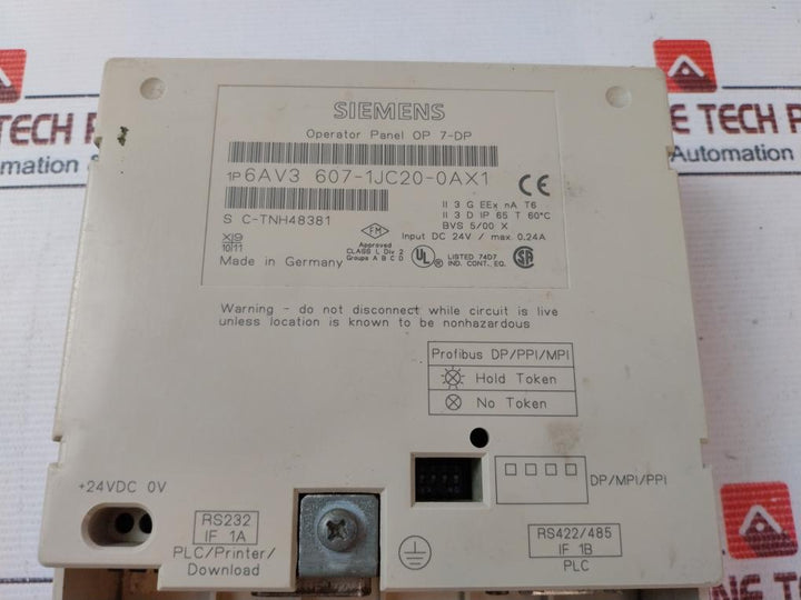 Siemens 1P 6Av3 607-1Jc20-0Ax1 Control Panel 24Vdc