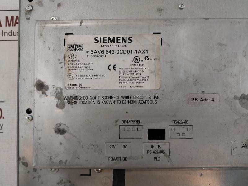 Siemens Simatic 1P 6Av6 643-0Cd01-1Ax1 Mp277 10” Touch Operator Interface Panel