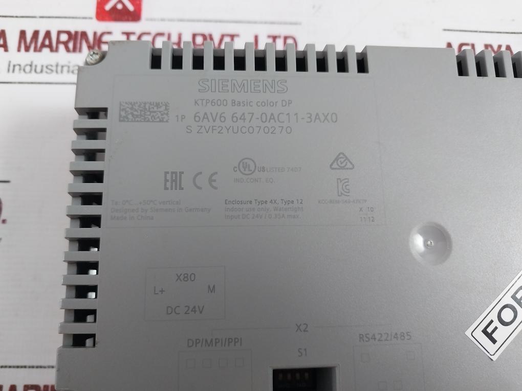 Siemens 1P 6Av6 647-0Ac11-3Ax0 Basic Color Panel Dc 24V/0.35A Max