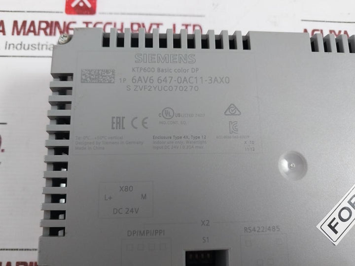 Siemens 1P 6Av6 647-0Ac11-3Ax0 Basic Color Panel Dc 24V/0.35A Max