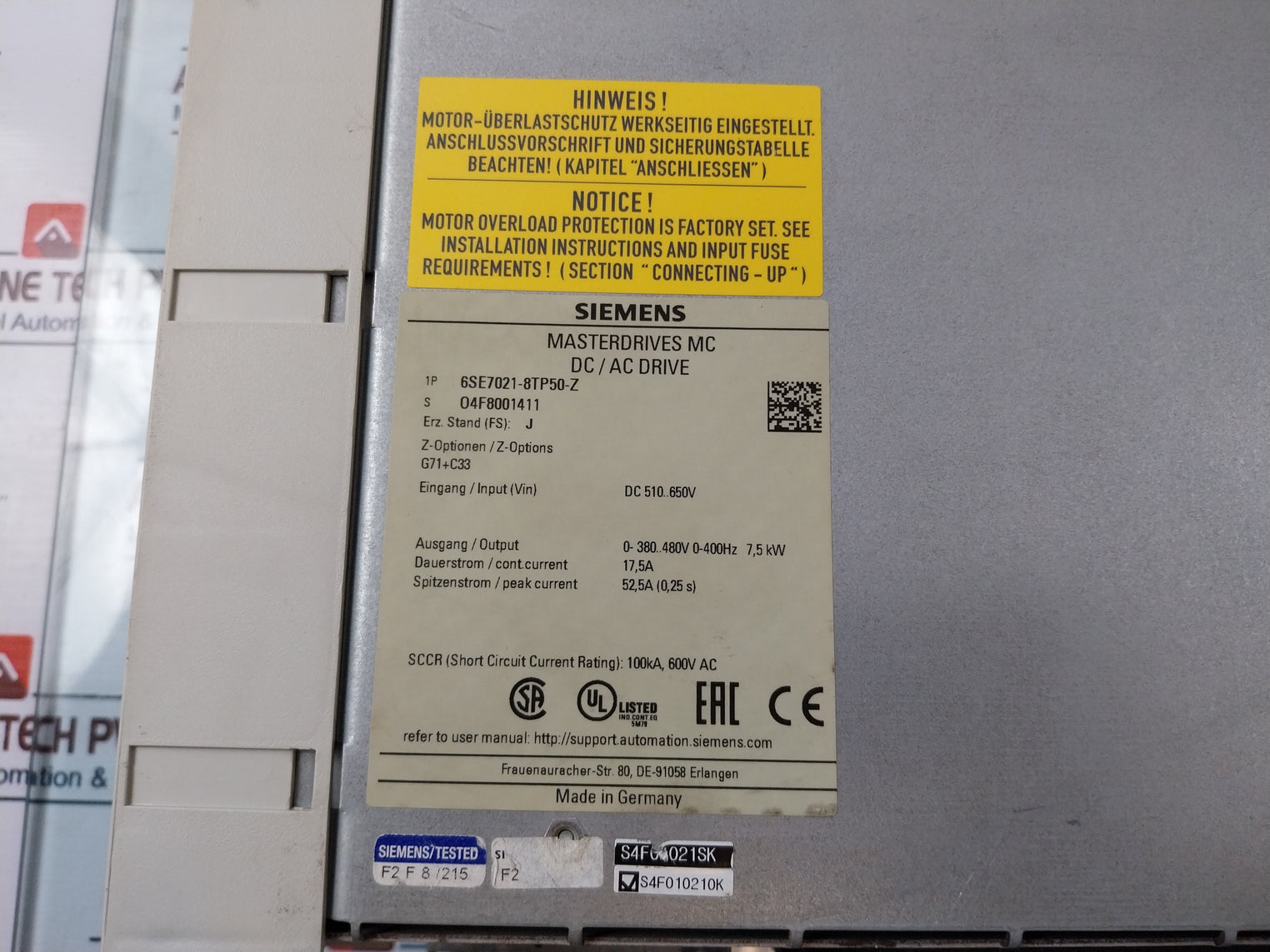 Siemens 1P 6Se7021-8Tp50-z G71+C33 Masterdrive Mc Dc/Ac Drive Dc 510…650V