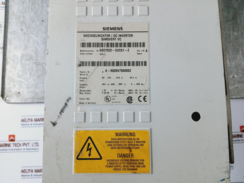 Siemens 1P 6Se7022-2Uc61-z Dc Inverter Simovert Masterdrive Dc 675…810V 26.2A