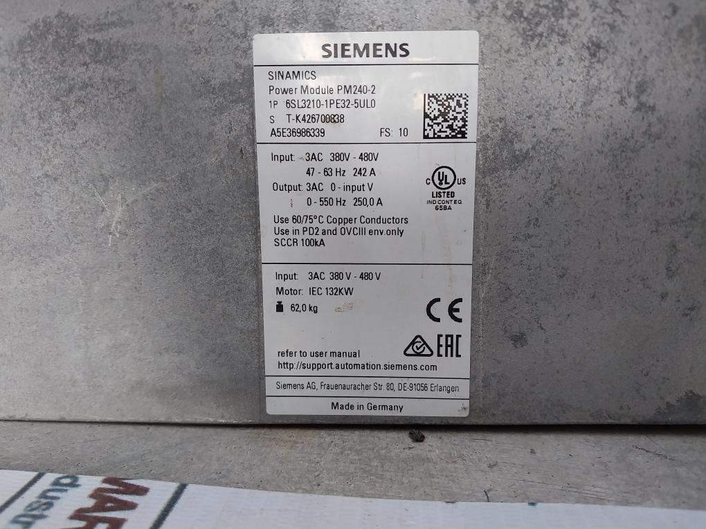 Siemens 1P 6Sl3210-1Pe32-5Ul0 Sinamics Power Module Pm240-2 3Ac 380V-480V