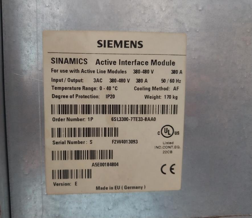 Siemens 1P 6Sl3300-7Te33-8Aa0 Sinamics Active Interface Module 3Ac 380-480V 380A