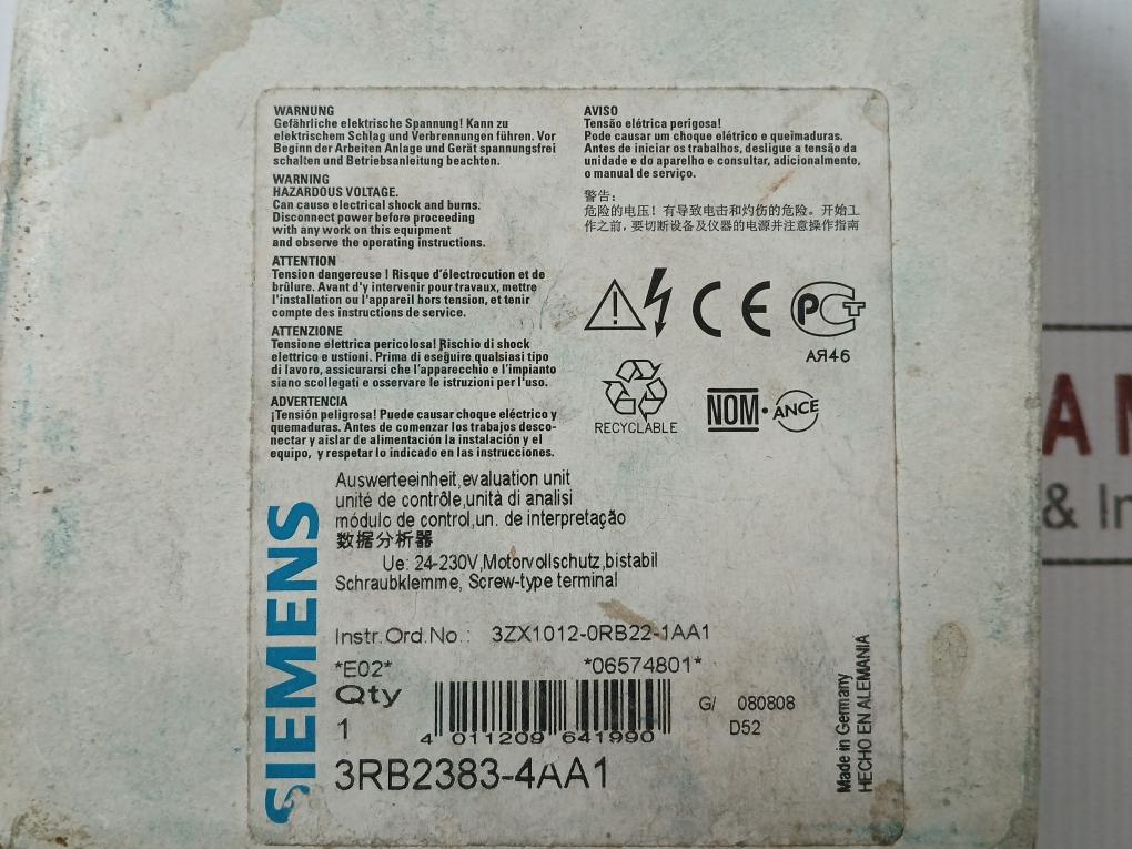 Siemens 24-240V Ac Evaluation Unit For Full Motor Protection 3Rb2383-4Aa1