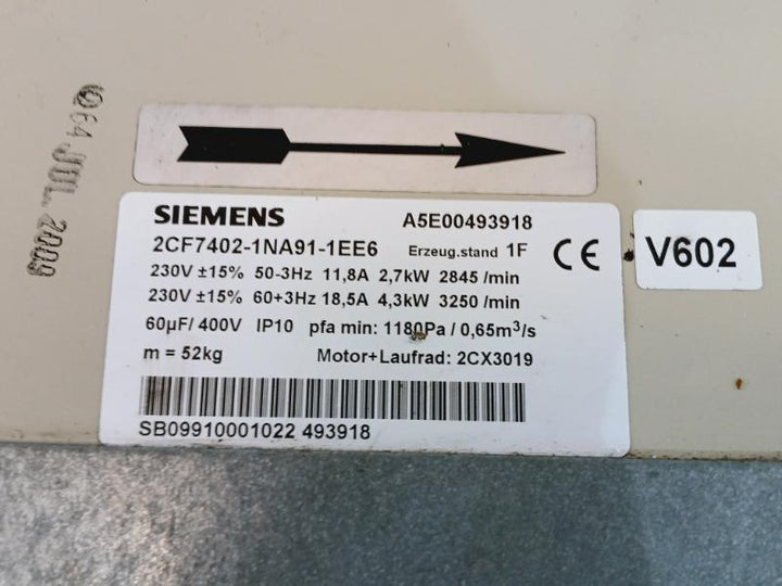 Siemens 2Cf7402-1Na91-1Ee6 Centrifugal Blower Cooling Fan A5E00493918