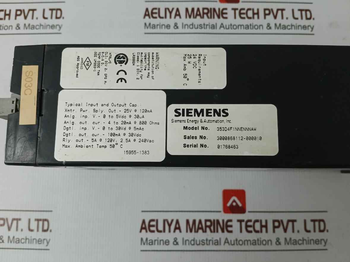 Siemens 353D4F1Nnennnaw Controller I/O Module 24Vdc 25W 50C