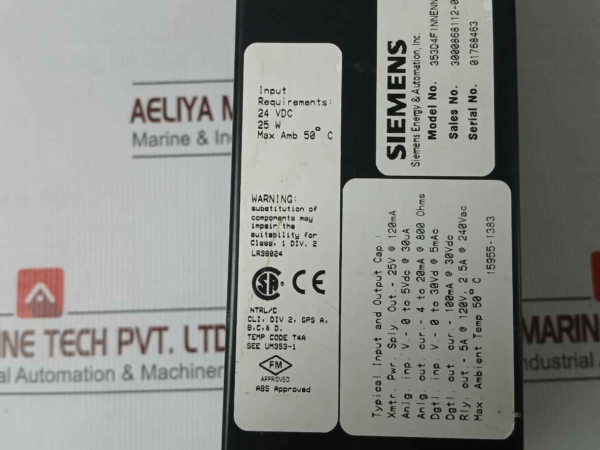 Siemens 353D4F1Nnennnaw Controller I/O Module 24Vdc 25W 50C