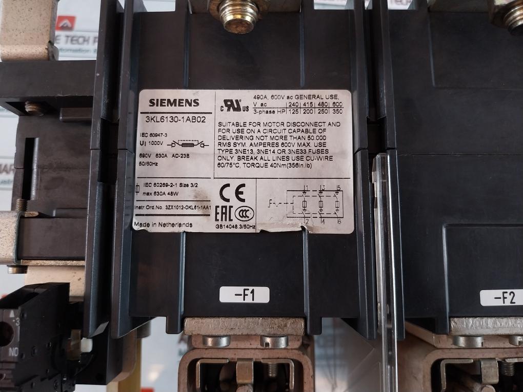 Siemens 3Kl6130-1Ab02 Switch Disconnector With Fuse 1000V 50/60Hz
