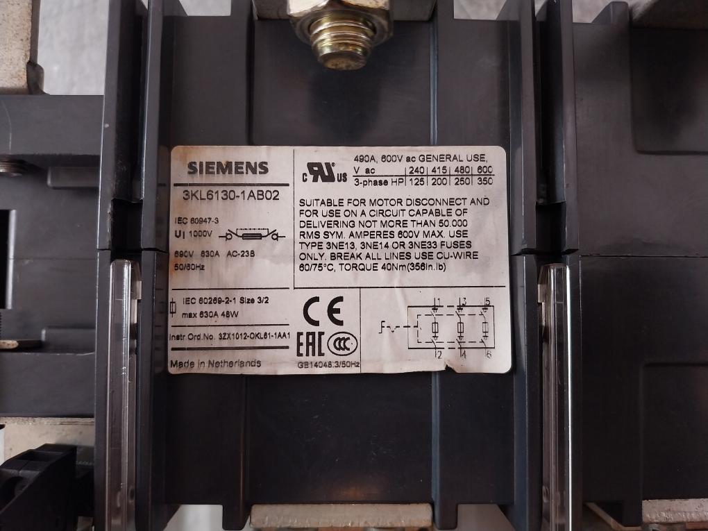 Siemens 3Kl6130-1Ab02 Switch Disconnector With Fuse 1000V