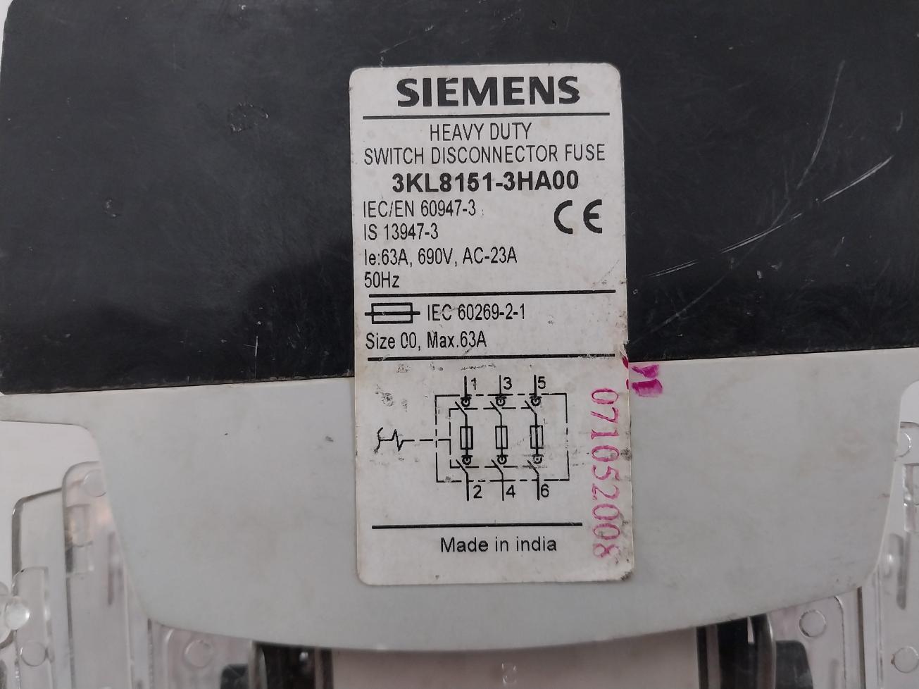 Siemens 3Kl8151-3Ha00 Heavy Duty Switch Disconnector Fuse Ac-23A 50Hz