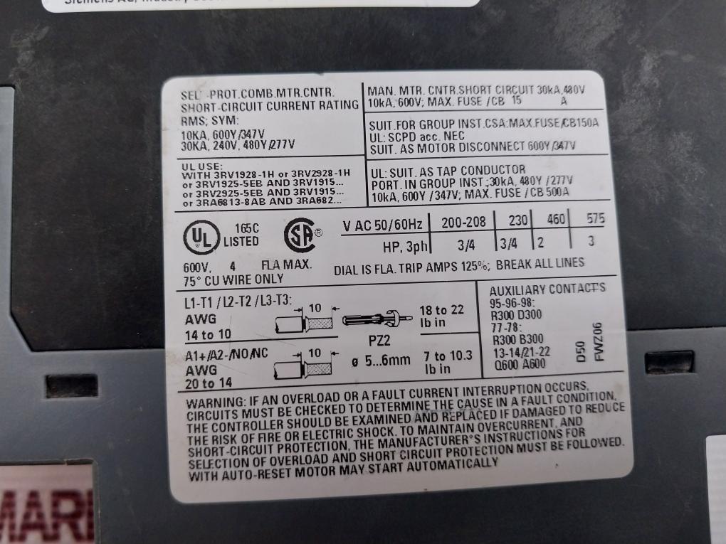 Siemens 3Ra6120-1Cb32 Motor Starter 50/60Hz